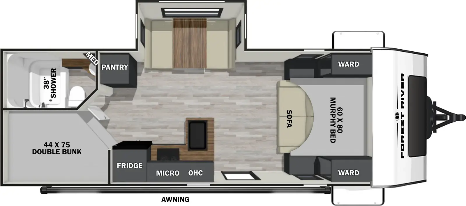 The 23MBH has one slideout and one entry. Exterior features as awning. Interior layout front to back: murphy bed sofa with wardrobes on each side; off-door side dinette slideout, and a pantry; door side entry, and peninsula kitchen counter with sink that wraps to door side with cooktop, overhead cabinet with microwave, and a refrigerator; rear off-door side full bathroom with medicine cabinet; rear door side double bunks.